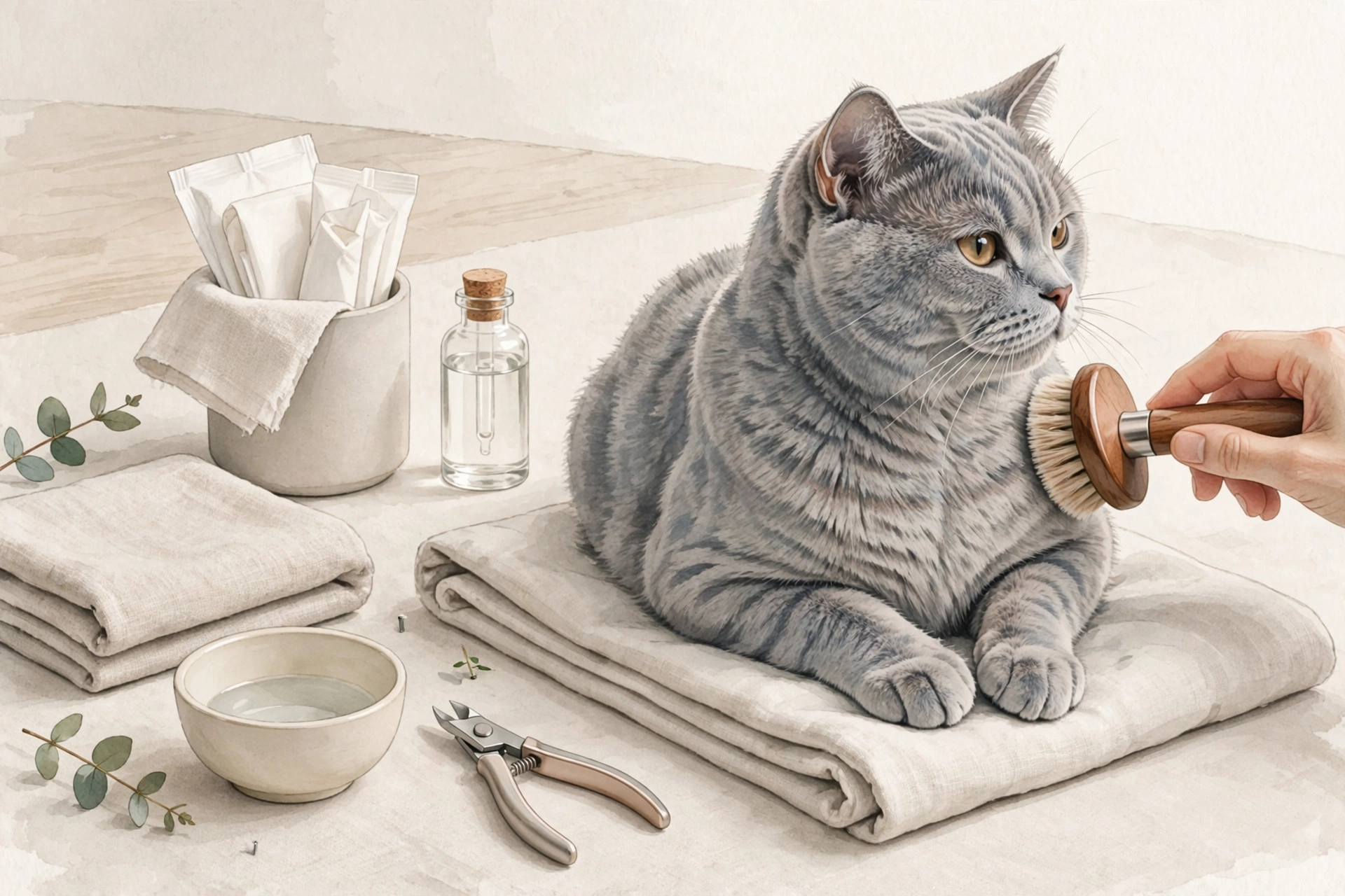 Cat grooming watercolor scene