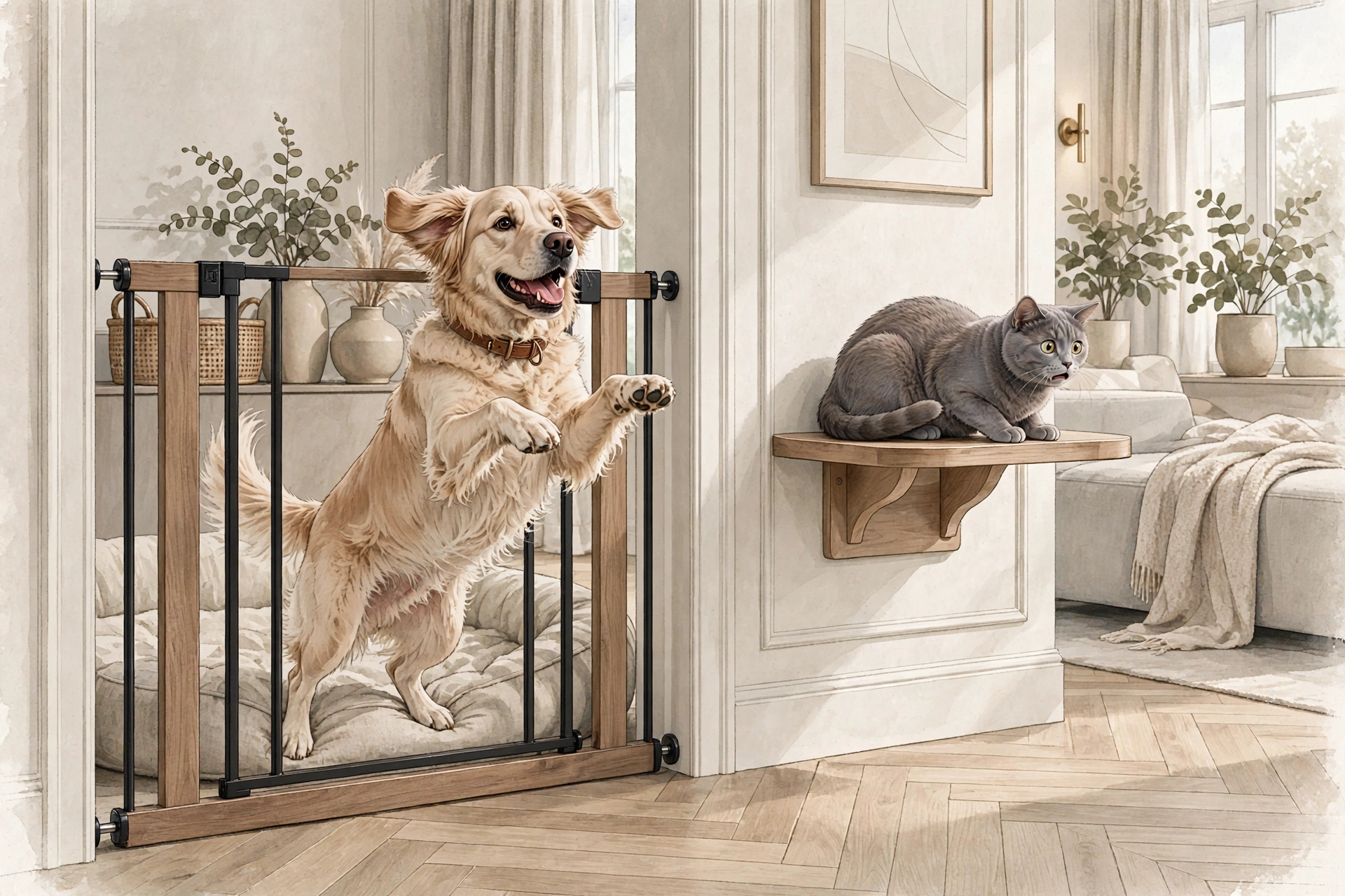 Energetic dog and stressed cat scene