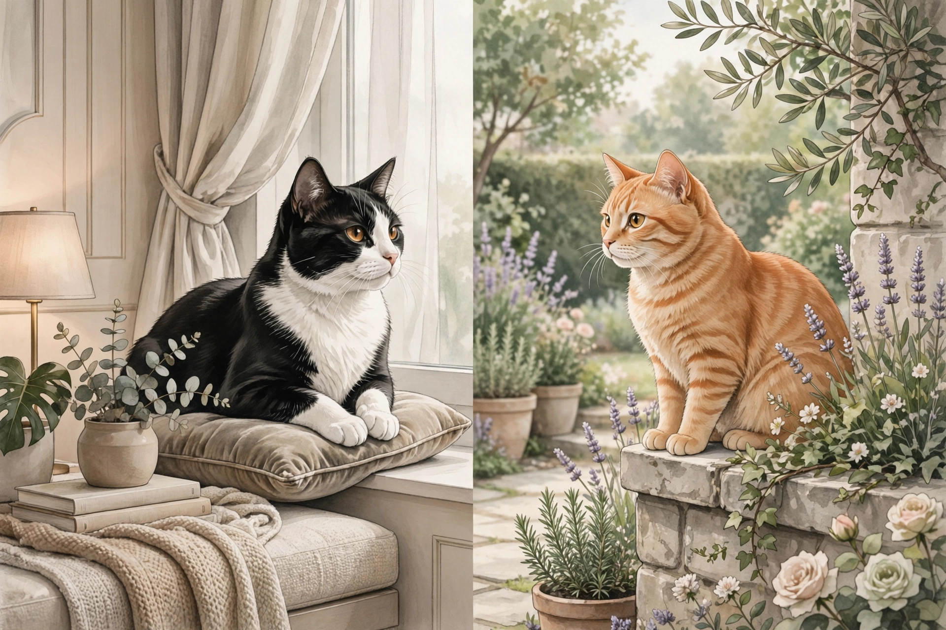 Split editorial scene of indoor and outdoor cats